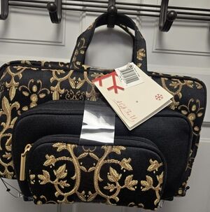 Set Of (3) Black & Gold Swirls Makeup Toiletry Cosmetics Travel Bags